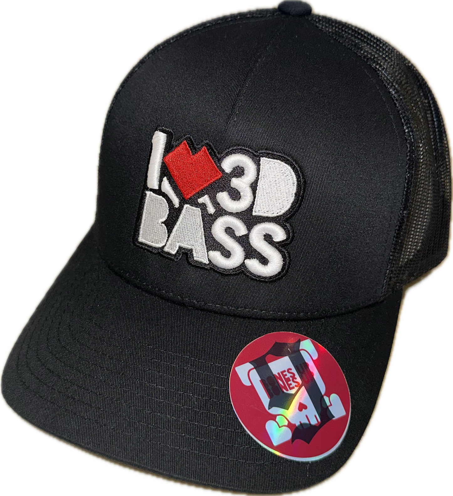 9 Bones Up - 3D Puff "I Love 3D Bass" B-Side Cap - Trucker (Black)- Curved Brim