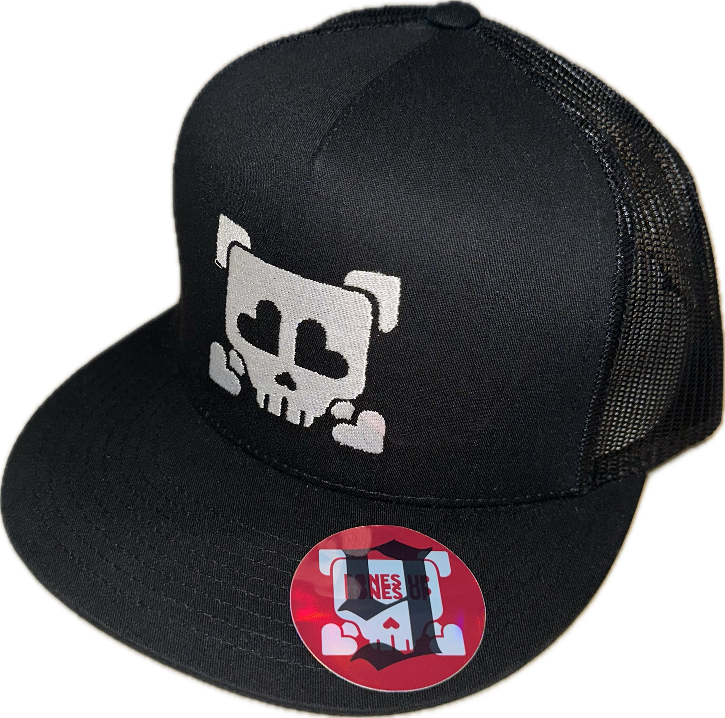 9 Bones Up - Flat Style "Heart Eyes Skull" B-Side Cap - Trucker (Black) - Flat Brim